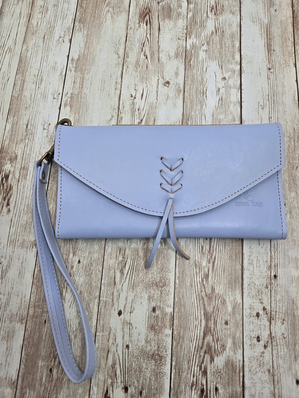 Miguel Cruz Periwinkle Blue Leather Envelope Wristlet Wallet 🩵 Laced Detail ✨